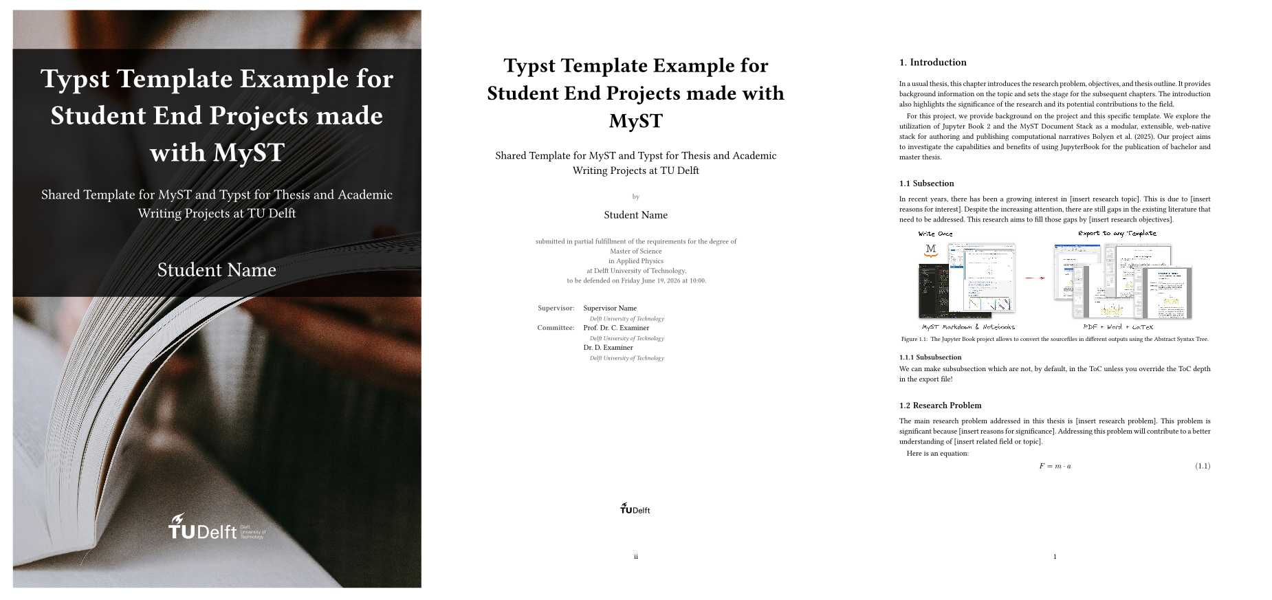 A preview of the cover and title page and a page with text.